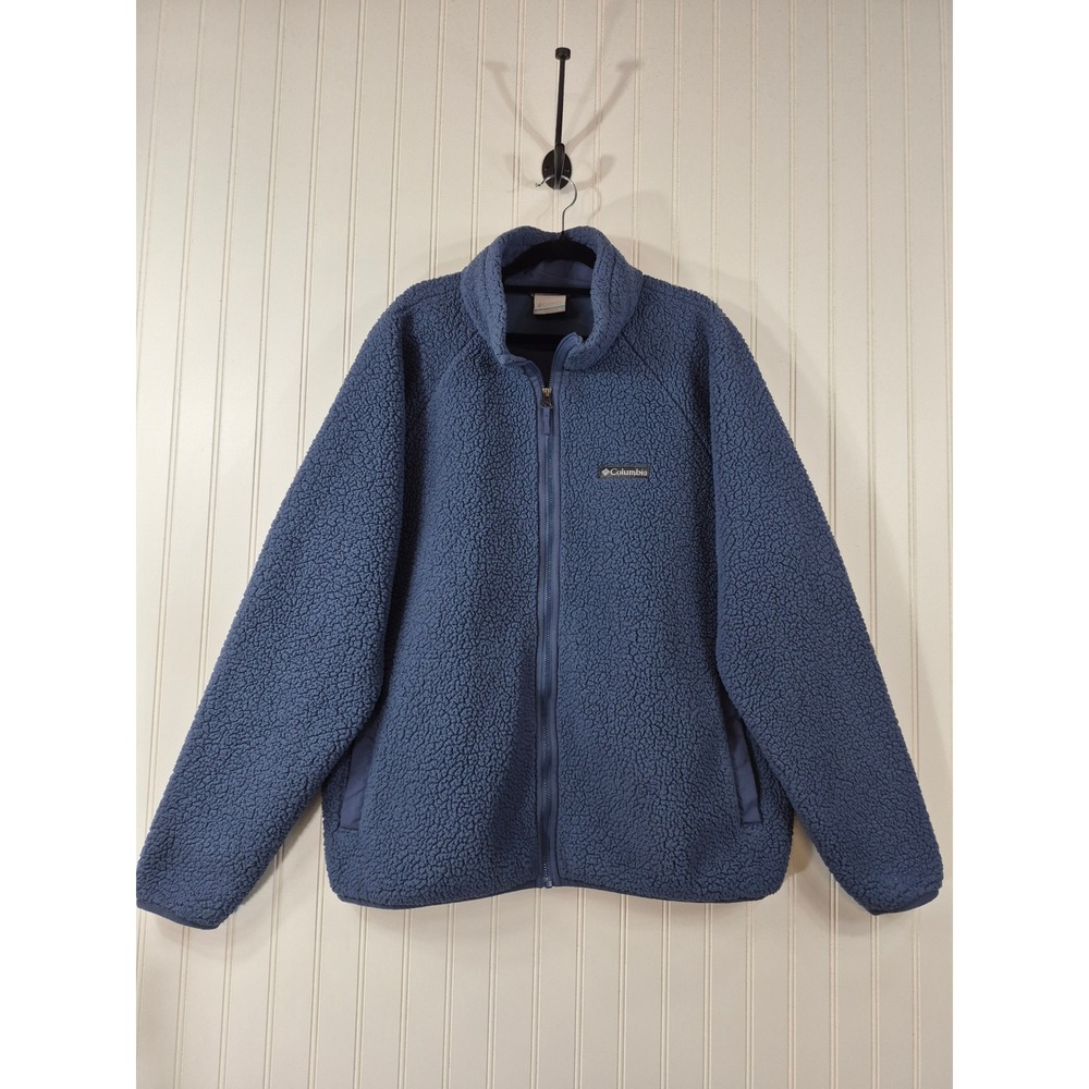 Columbia Mens Sherpa‎ Fleece Jacket Full Zip Blue Size XL Mock Neck Outdoor Cozy